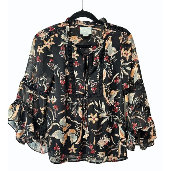 Maeve Odette Black Bird Floral Peasant Blouse‎ Embroidered Tassels Boho Flowy XS - Picture 1 of 11